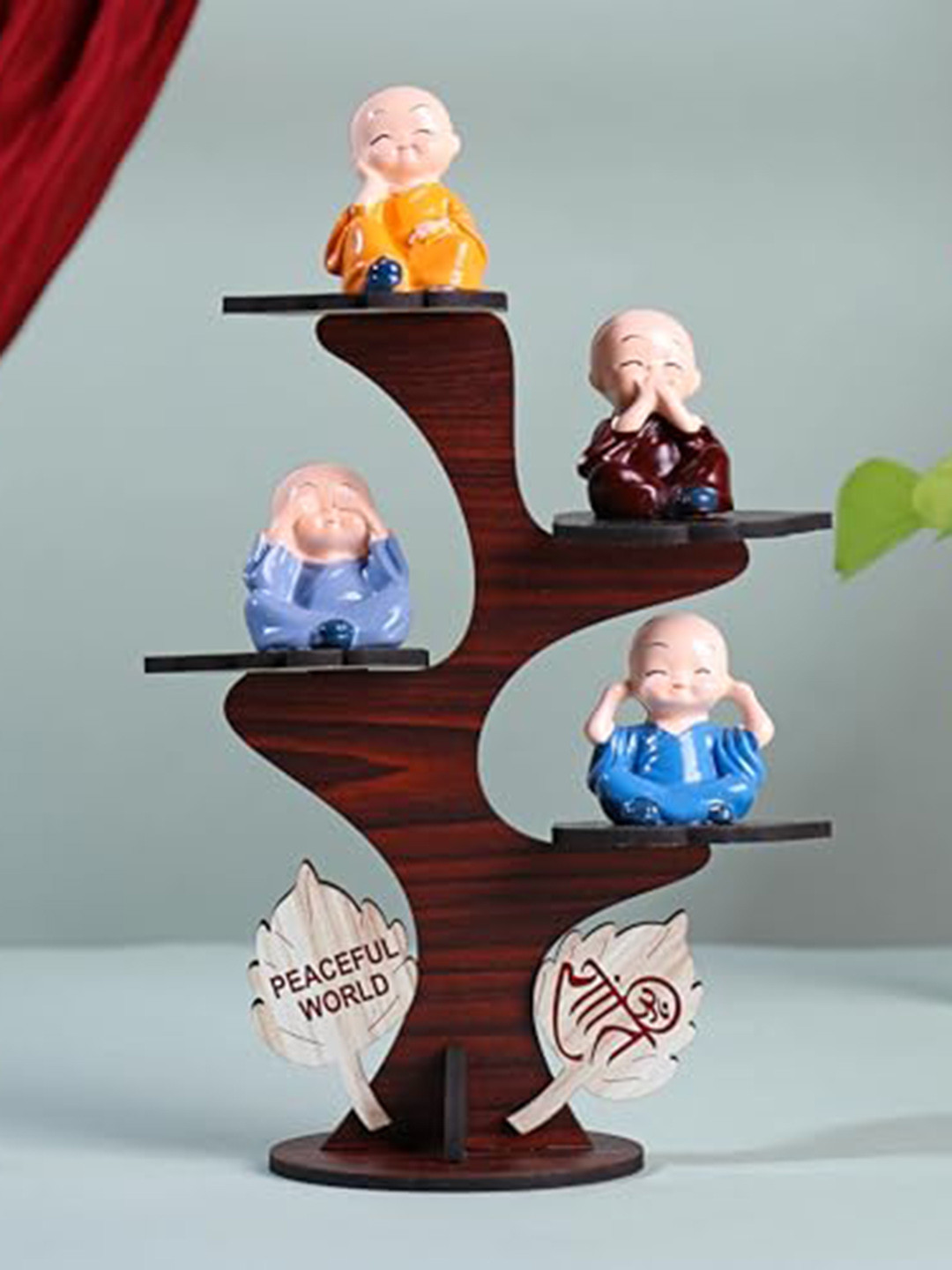 Floweraura Adorable Buddha Monk Blue Wood Natural Living Room Set of 5 Small Showpieces - 3.9 Inches