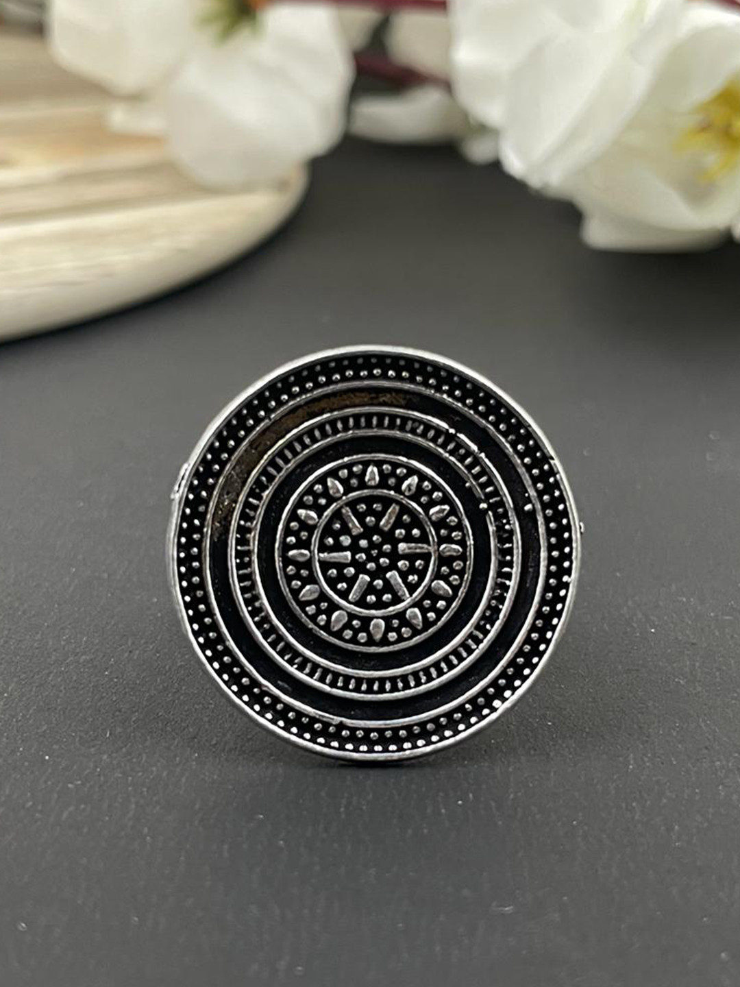 NAMAN ARTS Silver-Plated Adjustable Oxidised Finger Ring