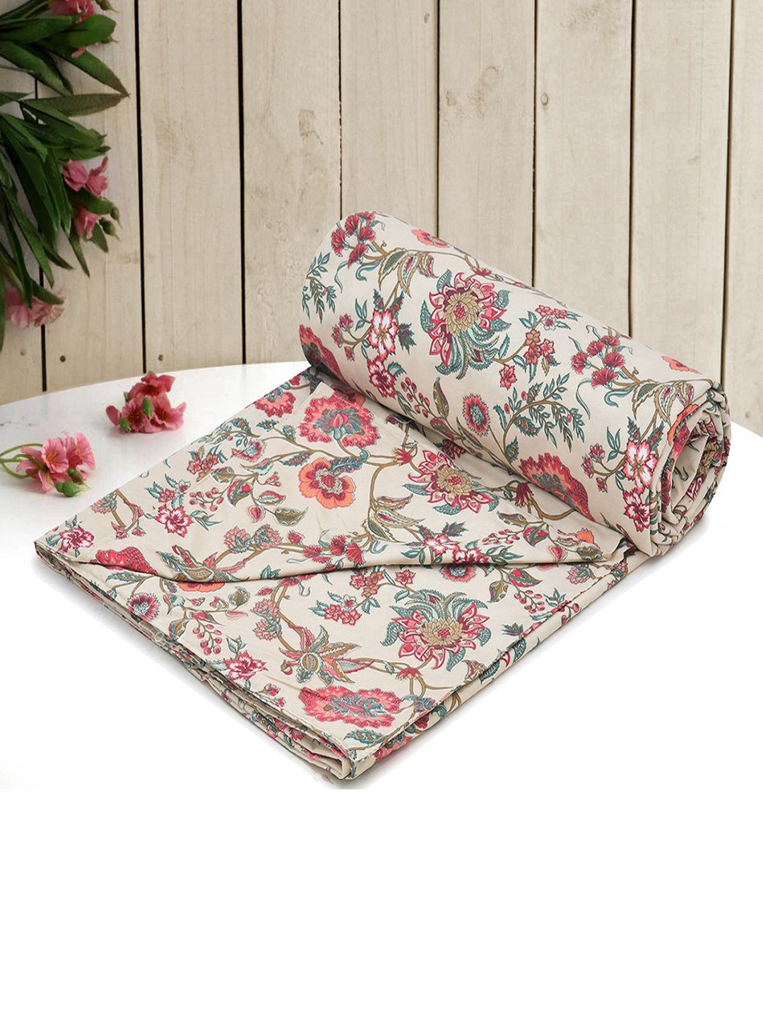 RRC Cream & Pink Printed Double Duvet Cover- 2.54 m x 2.2 m