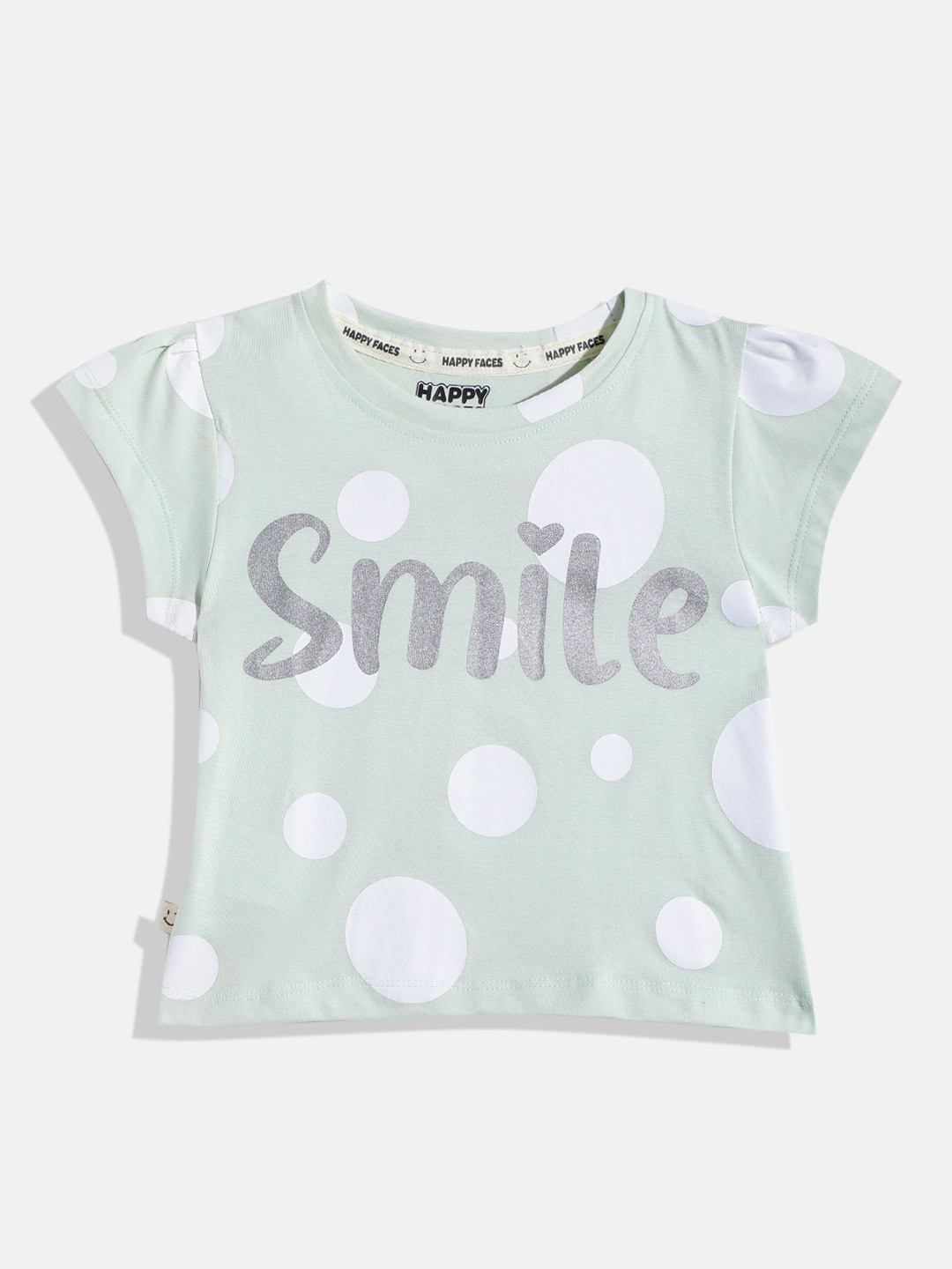 Happy Faces Girls Polka Dots & Typography Printed Pure Cotton T-shirt