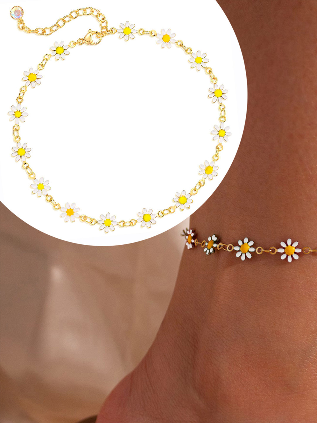 VAMA Gold Plated Layered Chain White Daisy Flower Anklet Bracelet Jewellery Anklets