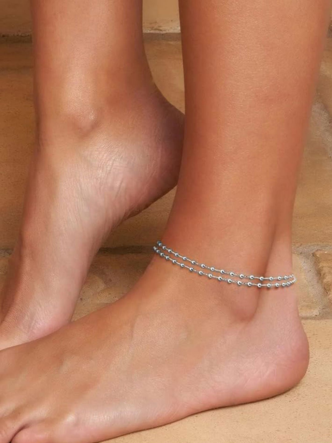 VAMA Women Silver Plated Double Layered Beads Chain Anklets