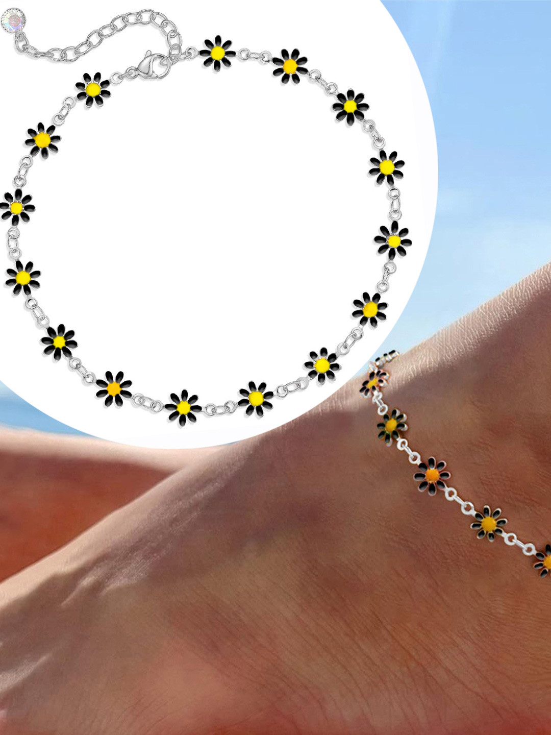 VAMA Women Silver Plated Layered Black Daisy Flower Chain Anklet