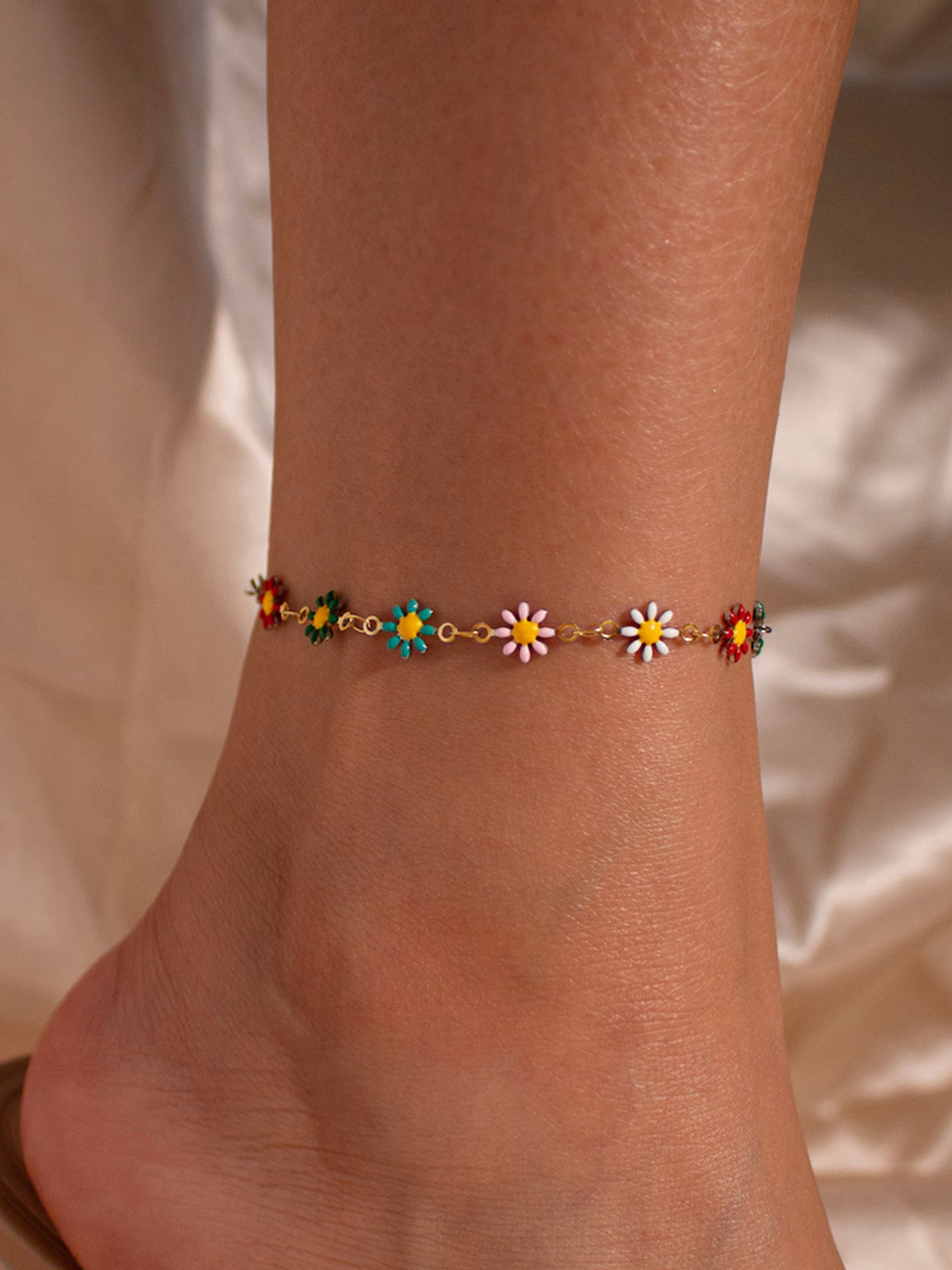 VAMA Gold Plated Layered Multicolor Daisy Flower Anklet Bracelet Jewellery Anklets