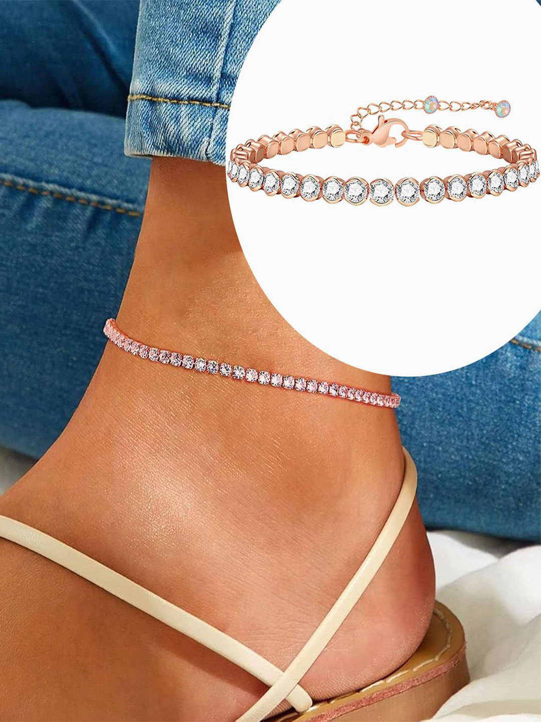 VAMA Women Rose Gold Plated White Stone Layered Chain Anklet