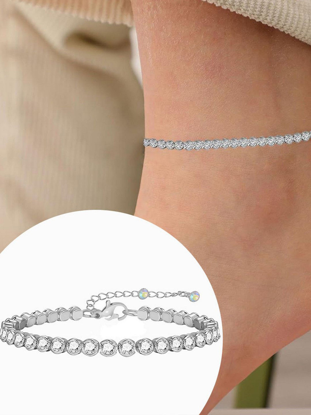 VAMA Women Silver Plated Layered Ankle Chain Stone Leg Anklets