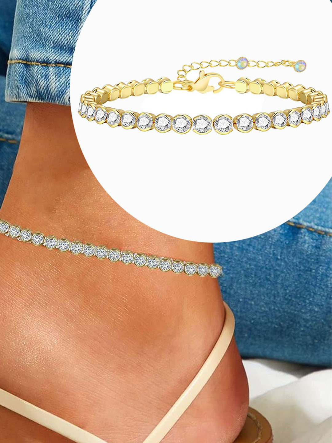 VAMA Women Gold Plated Layered Chain White Stone Leg Anklets