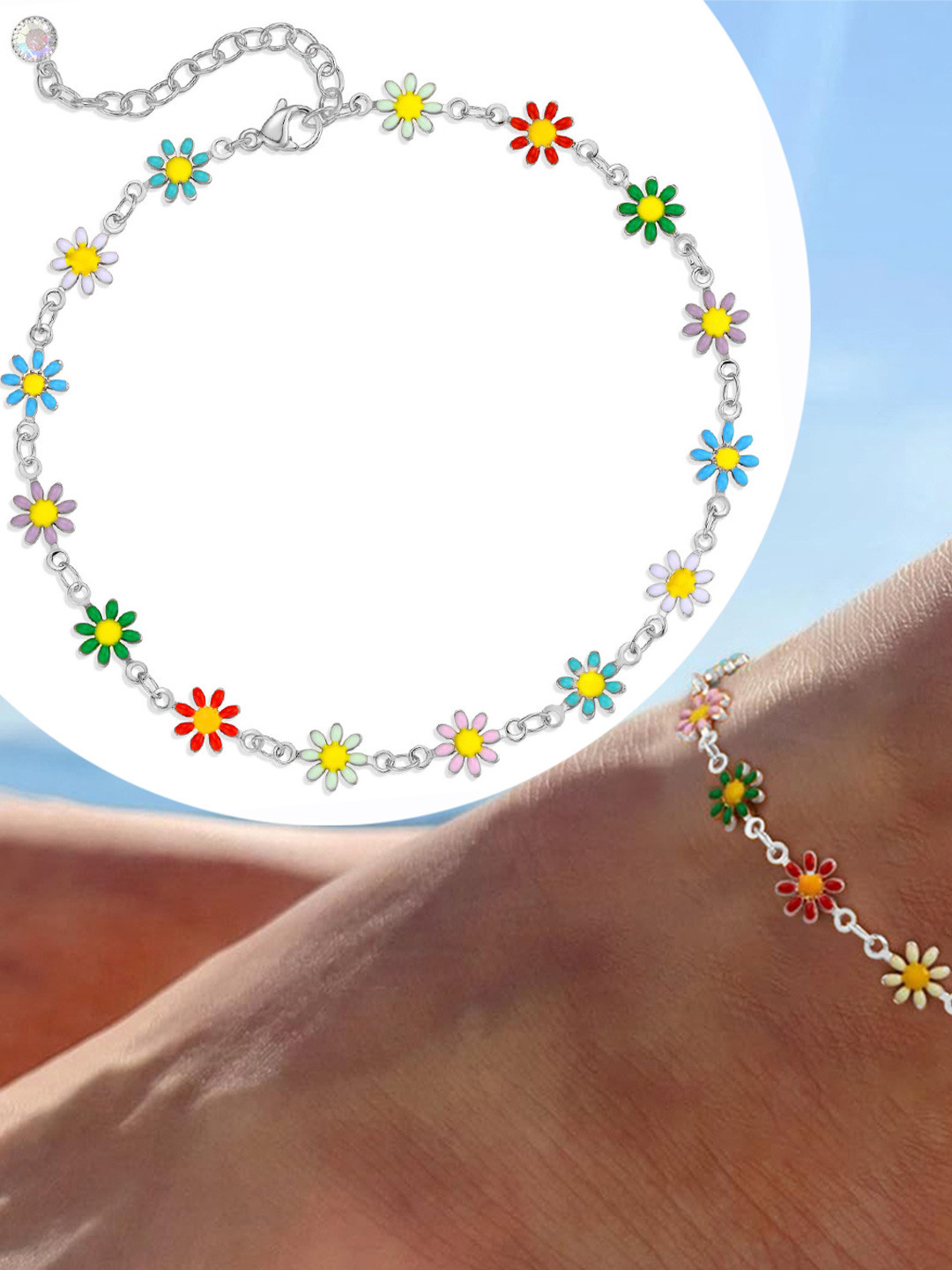 VAMA Women Silver Plated Layered Multicolor Daisy Flower Leg Anklet