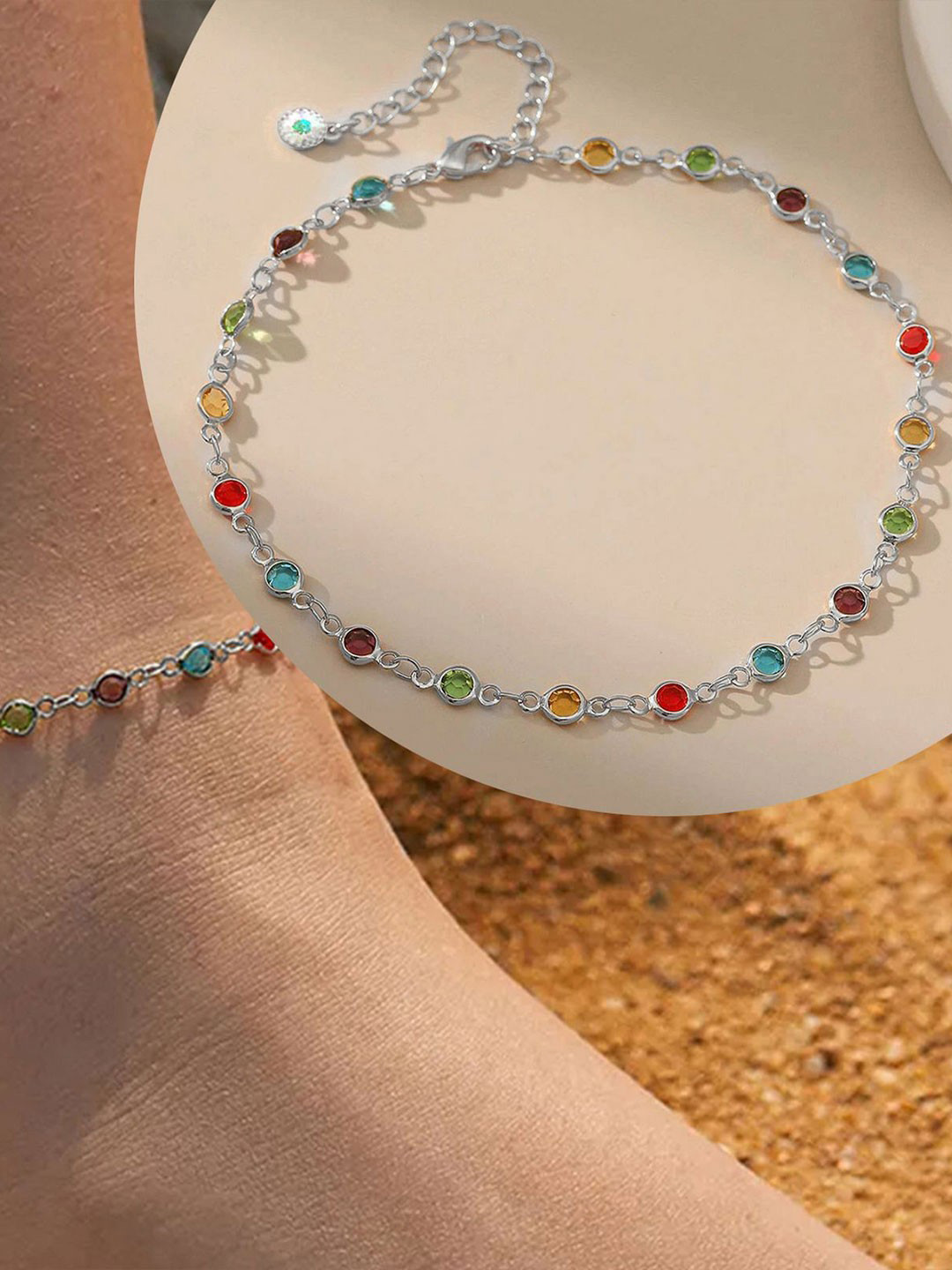 VAMA Women Silver Plated Layered Chain Round Multicolor Charm Leg Anklet