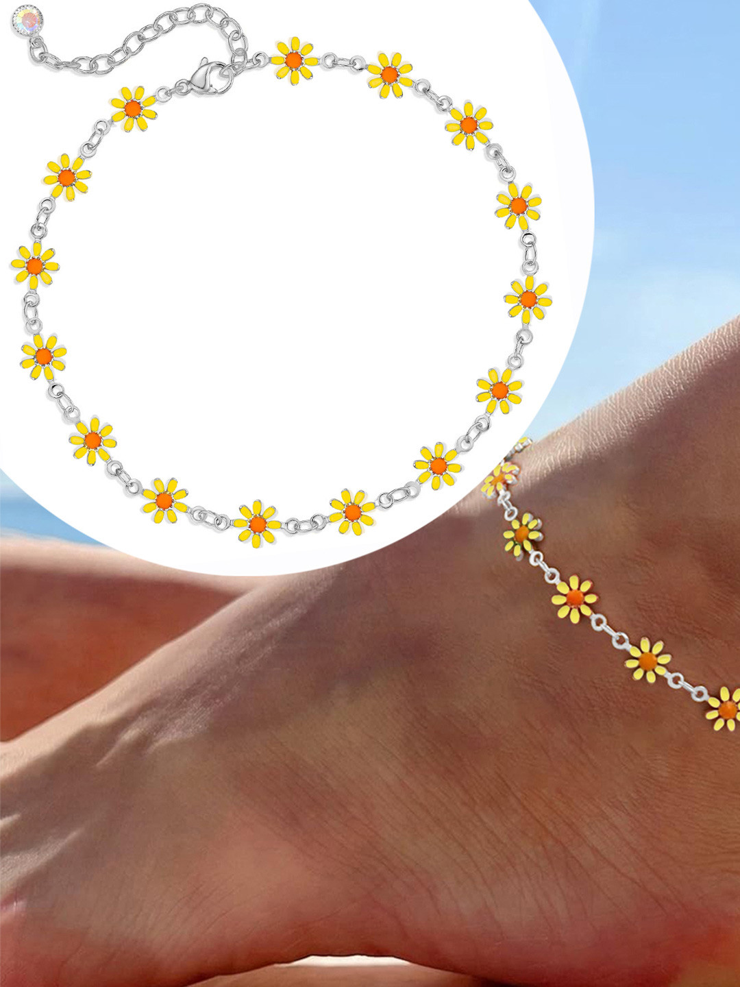 VAMA Women Silver Plated Layered Yellow Daisy Flower Anklet