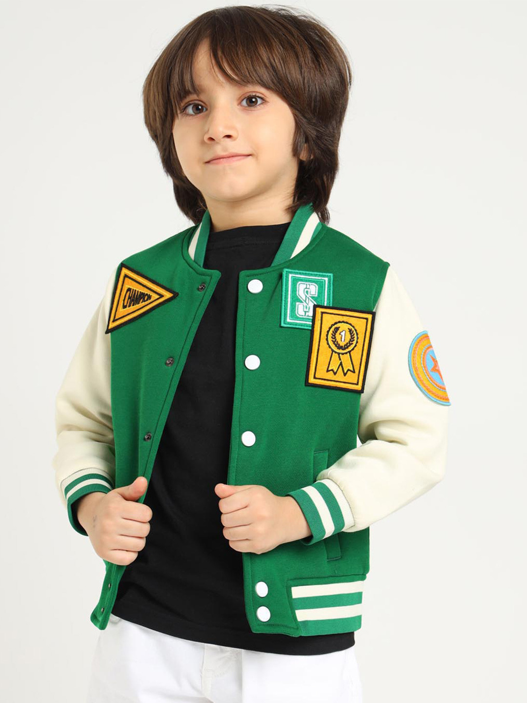Somersault Unisex Kids Cotton Crop Varsity Jacket with Patchwork
