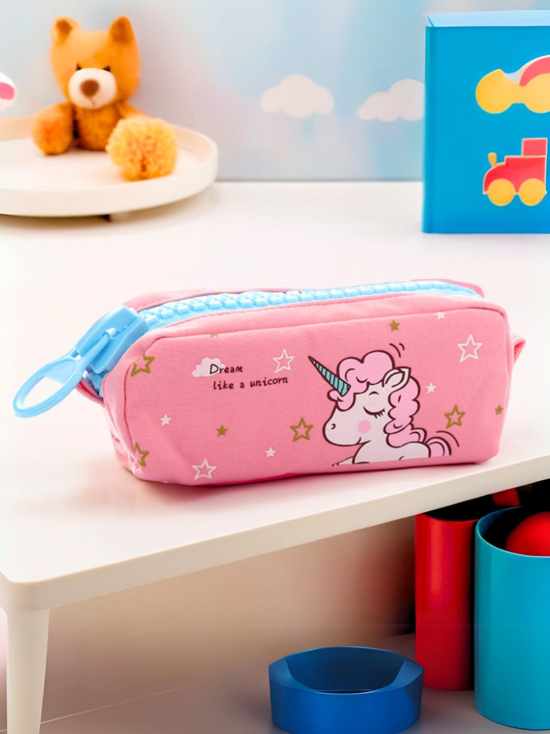 Tinker Squad Big Zipper Playful Unicorn Print Blue Pencil Teens Stationery