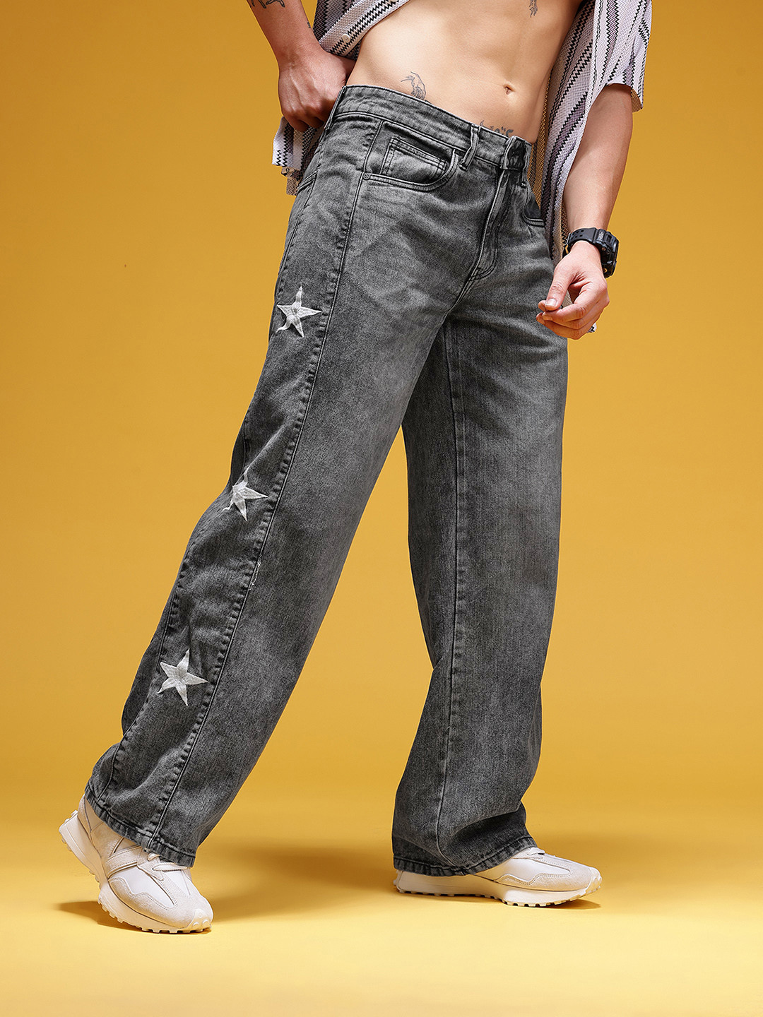 HERE&NOW Men Embroidered Baggy Jeans