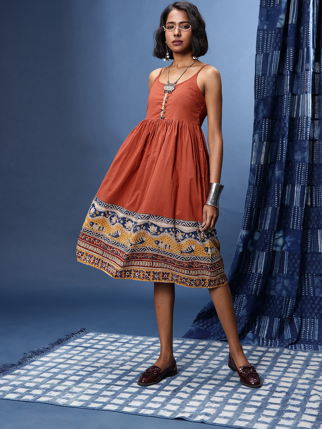 Taavi Kalamkari Printed Shoulder Straps Gathered or Pleated Pure Cotton Ethnic Dresses