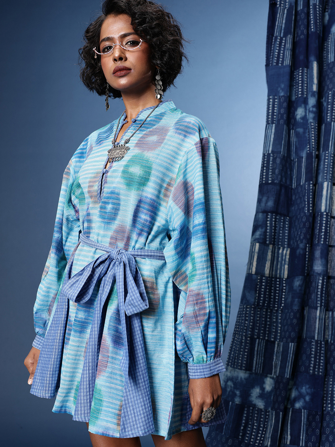 Taavi Ikkat Printed Mandarin Collar Ethnic Dress