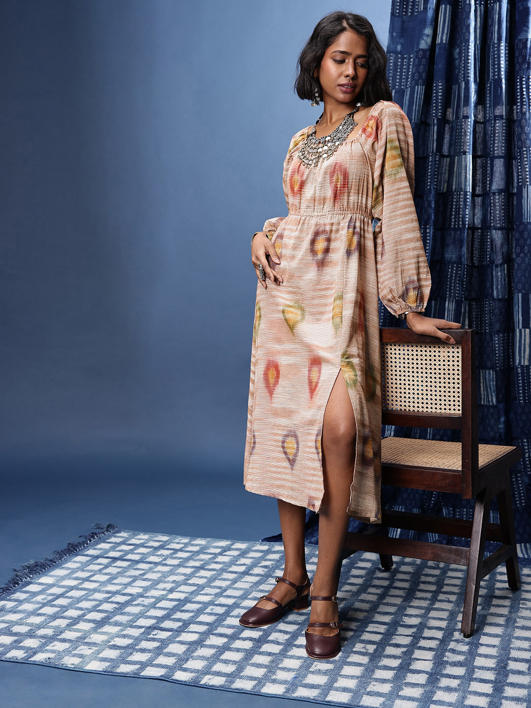 Taavi Ikat Printed Square Neck Puff Sleeves Gathered Pure Cotton A-Line Ethnic Dresses