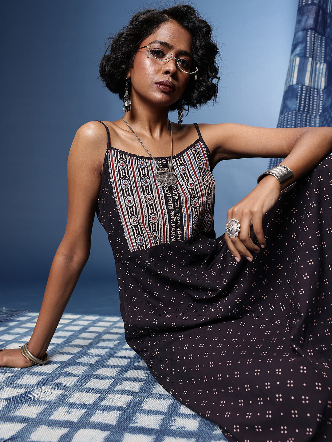 Taavi Polka Dots Printed Ajrakh Ethnic Dress