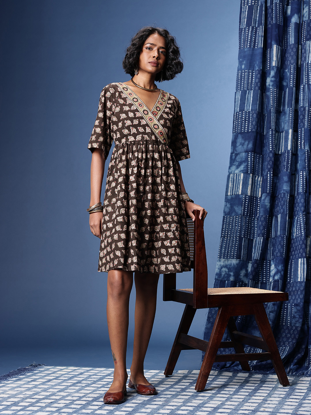 Taavi Indie Florals Printed Gathered A-Line Kalamkari Ethnic Dresses