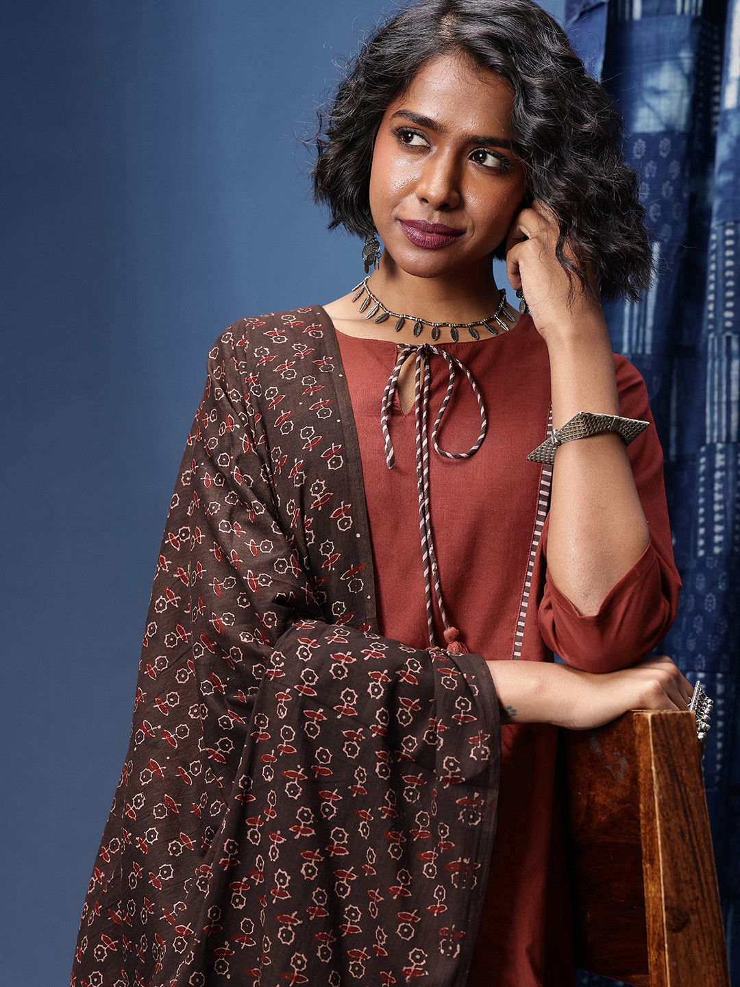 Taavi Floral Printed Ajrakh Kurta with Trousers & Dupatta