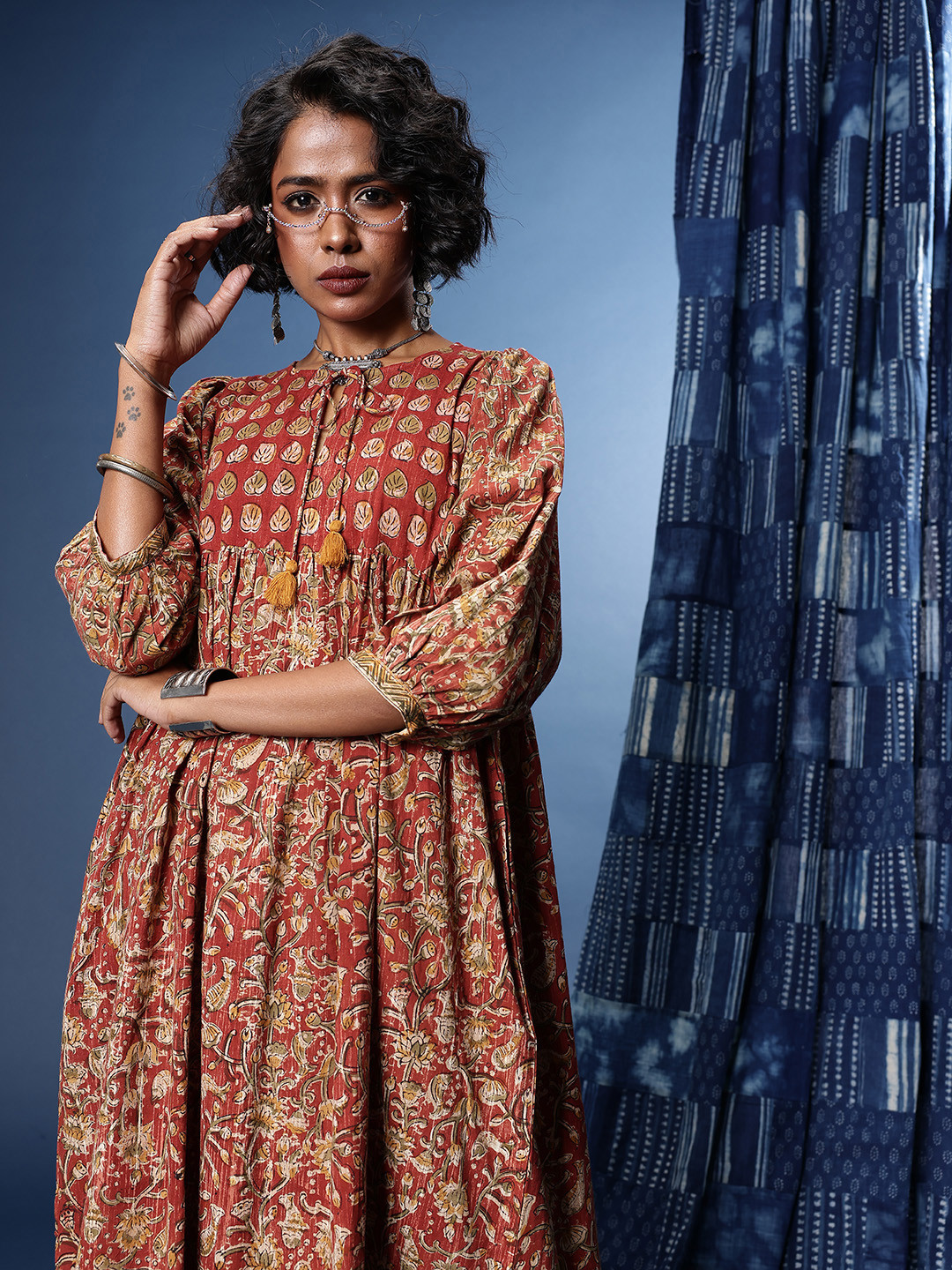 Taavi Floral printed Tie-Up Neck Pure Cotton Kalamkari Ethnic Dress