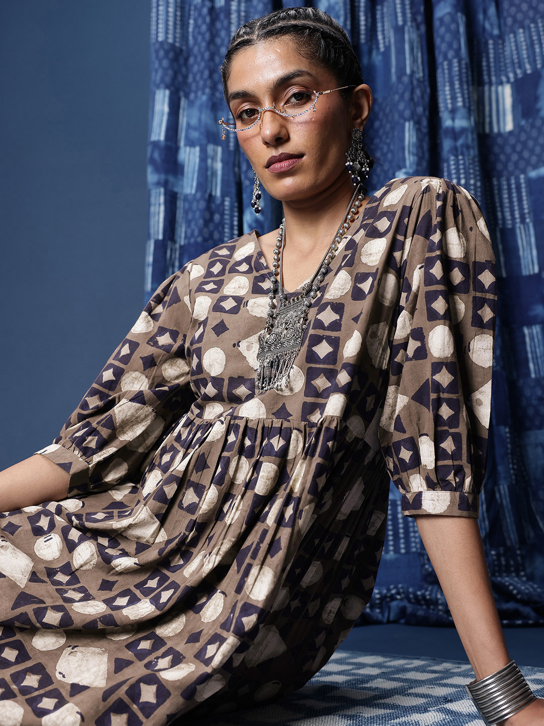 Taavi Printed V-Neck Puff Sleeves Pure Cotton Indigo Ethnic Dress