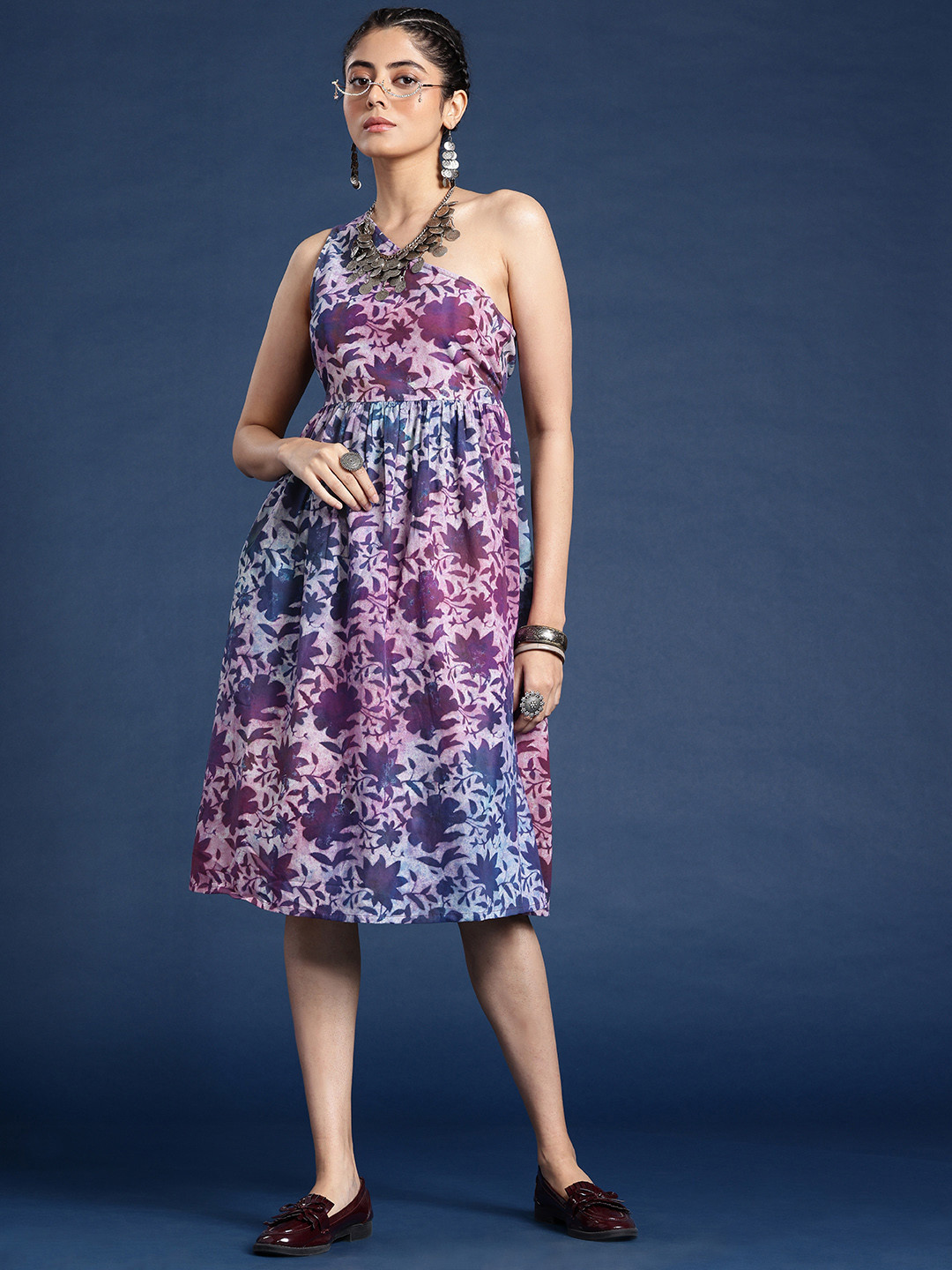 Taavi Rangeen Dabu Floral Printed A-Line Pure Cotton Ethnic Dress