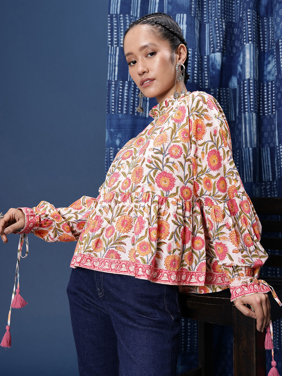 Taavi Floral Print Extended Sleeves Pure Cotton Sanganeri A-Line Top
