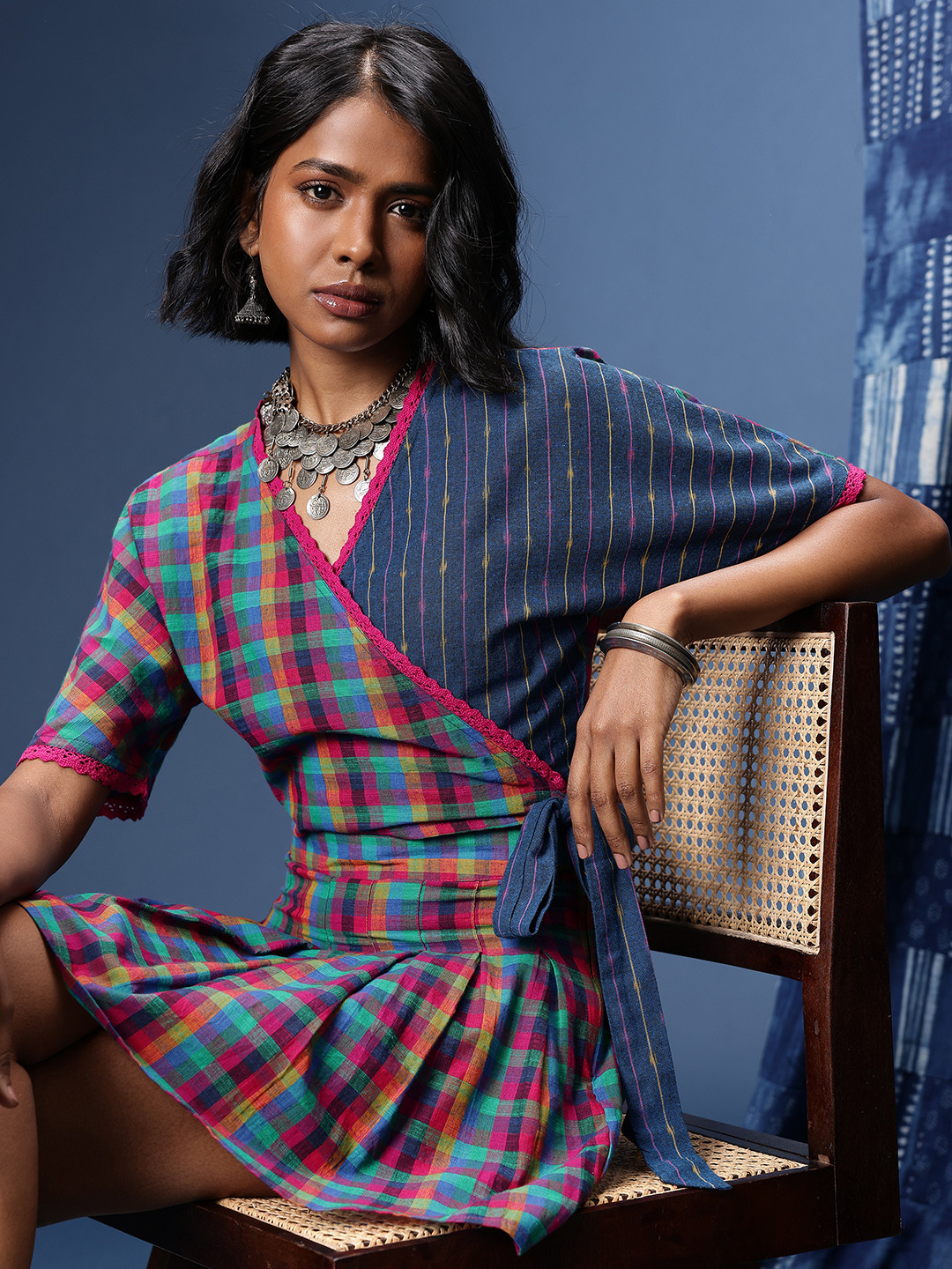 Taavi Woven Legacy Checked Wrap Style Crop Top With Mini Skirt