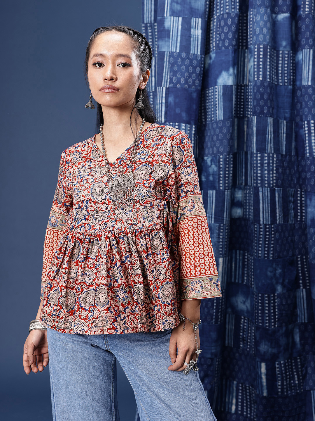 Taavi Pure Cotton Floral Print Wrap Kalamkari Top