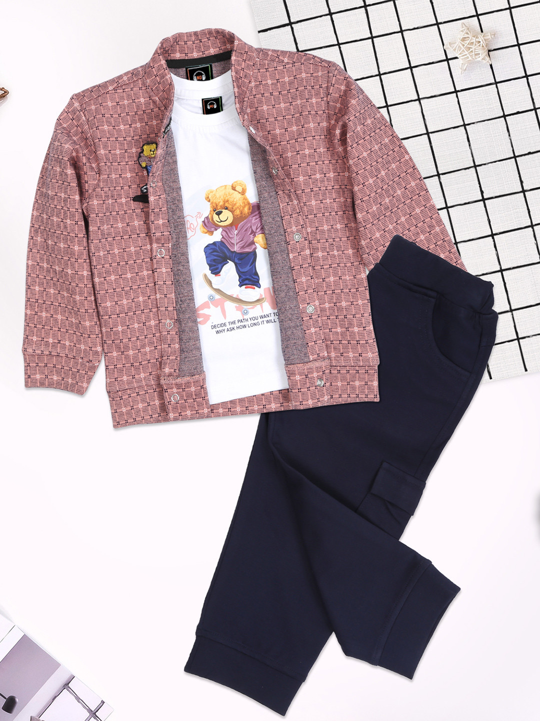 MashUp Boys Self Design Mandarin Collar Long Sleeves Pure Cotton Shirt & T-Shirt & Trouser