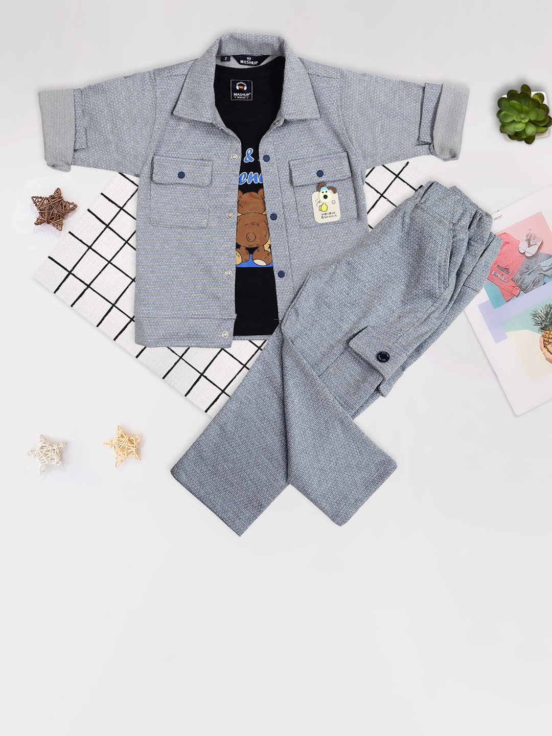 MashUp Boys Self Design Shirt Collar Long Sleeves Pure Cotton Shirt & T-Shirt With Trouser