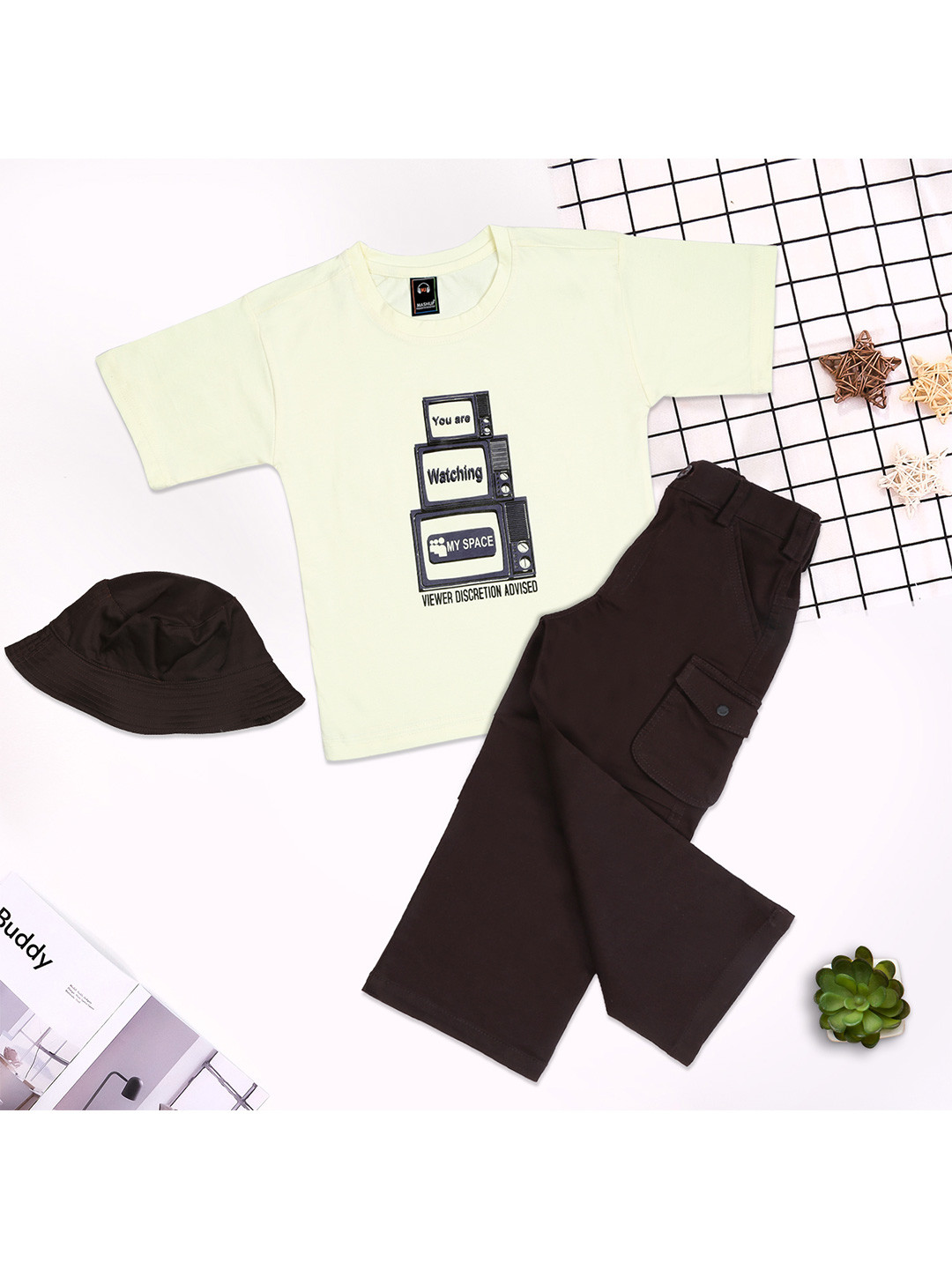 MashUp Boys Printed Round Neck Short Sleeves Pure Cotton T-Shirt With Trouser & Bucket Cap