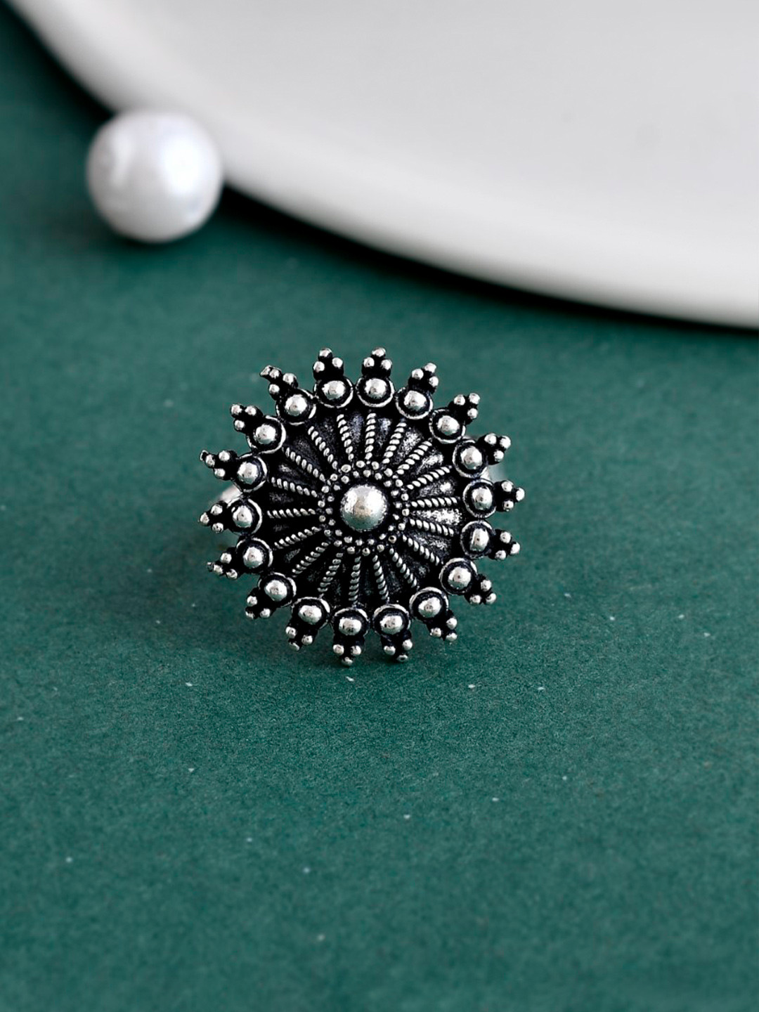 NAMAN ARTS Silver-Plated Oxidised Adjustable Finger Ring