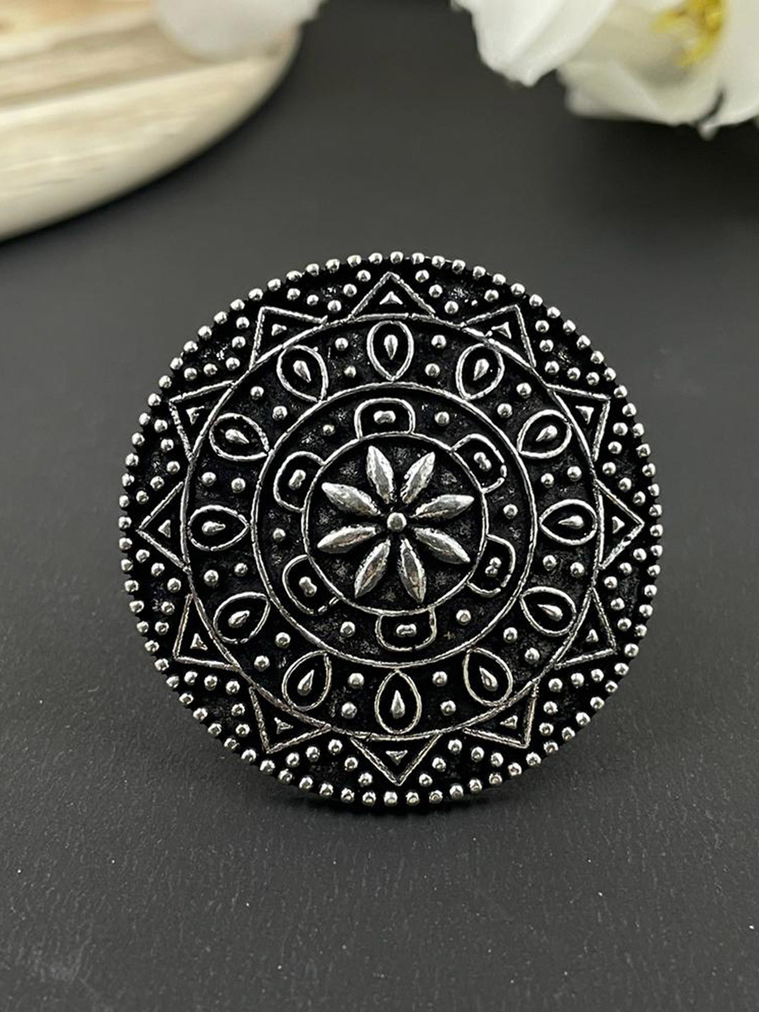 NAMAN ARTS Silver-Plated Oxidised Adjustable Finger Ring