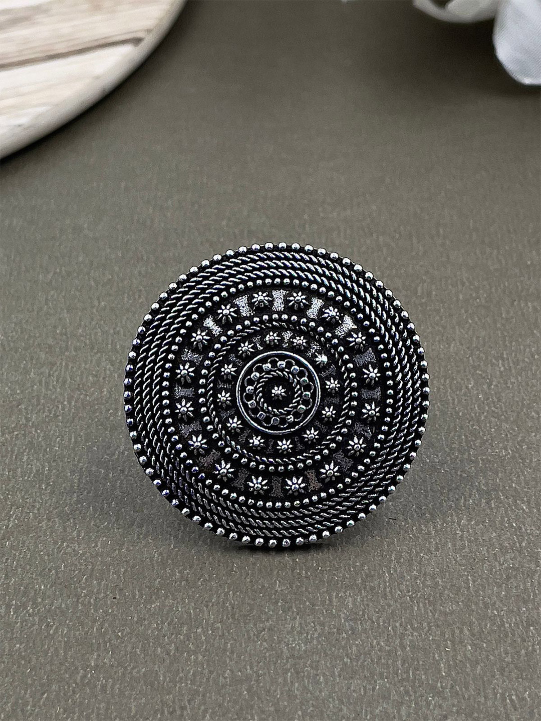 NAMAN ARTS Silver-Plated Oxidised Adjustable Finger Ring