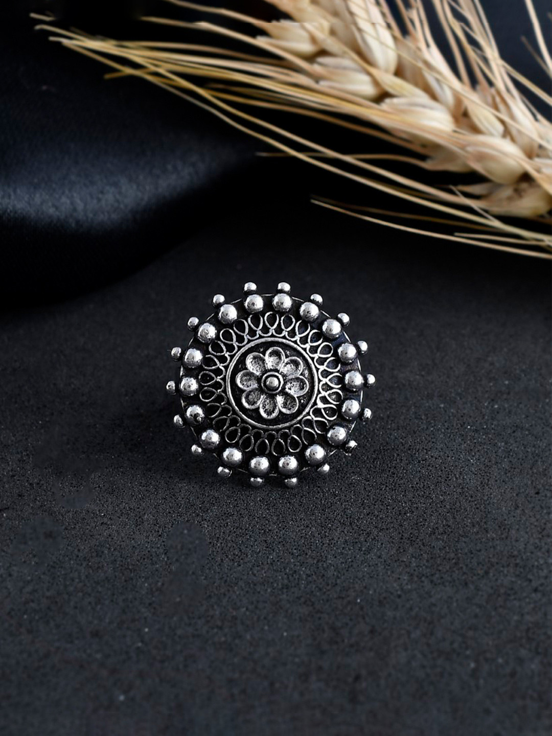 NAMAN ARTS Silver-Plated Oxidised Adjustable Finger Ring