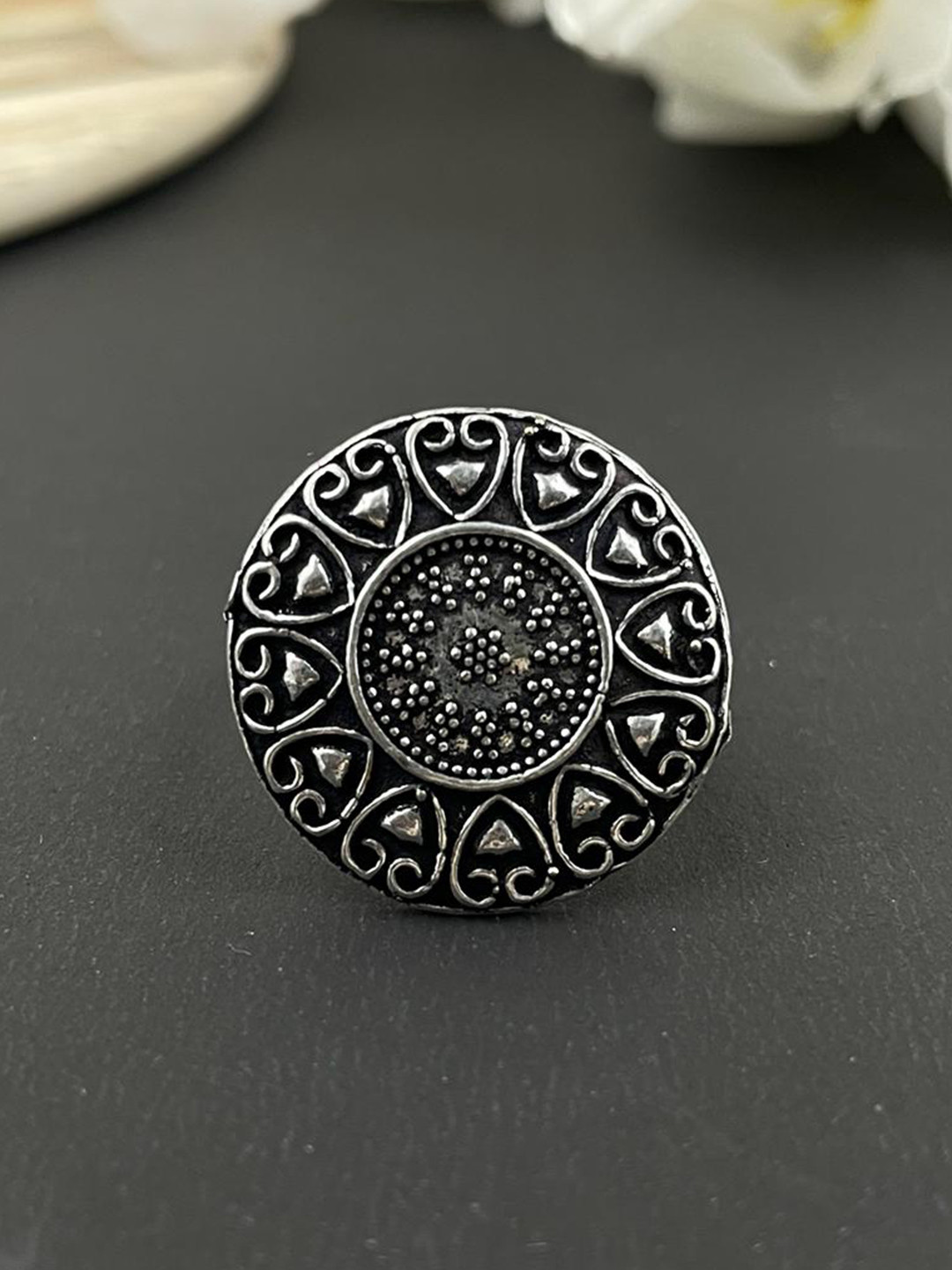 NAMAN ARTS Silver-Plated Oxidised Adjustable Finger Ring