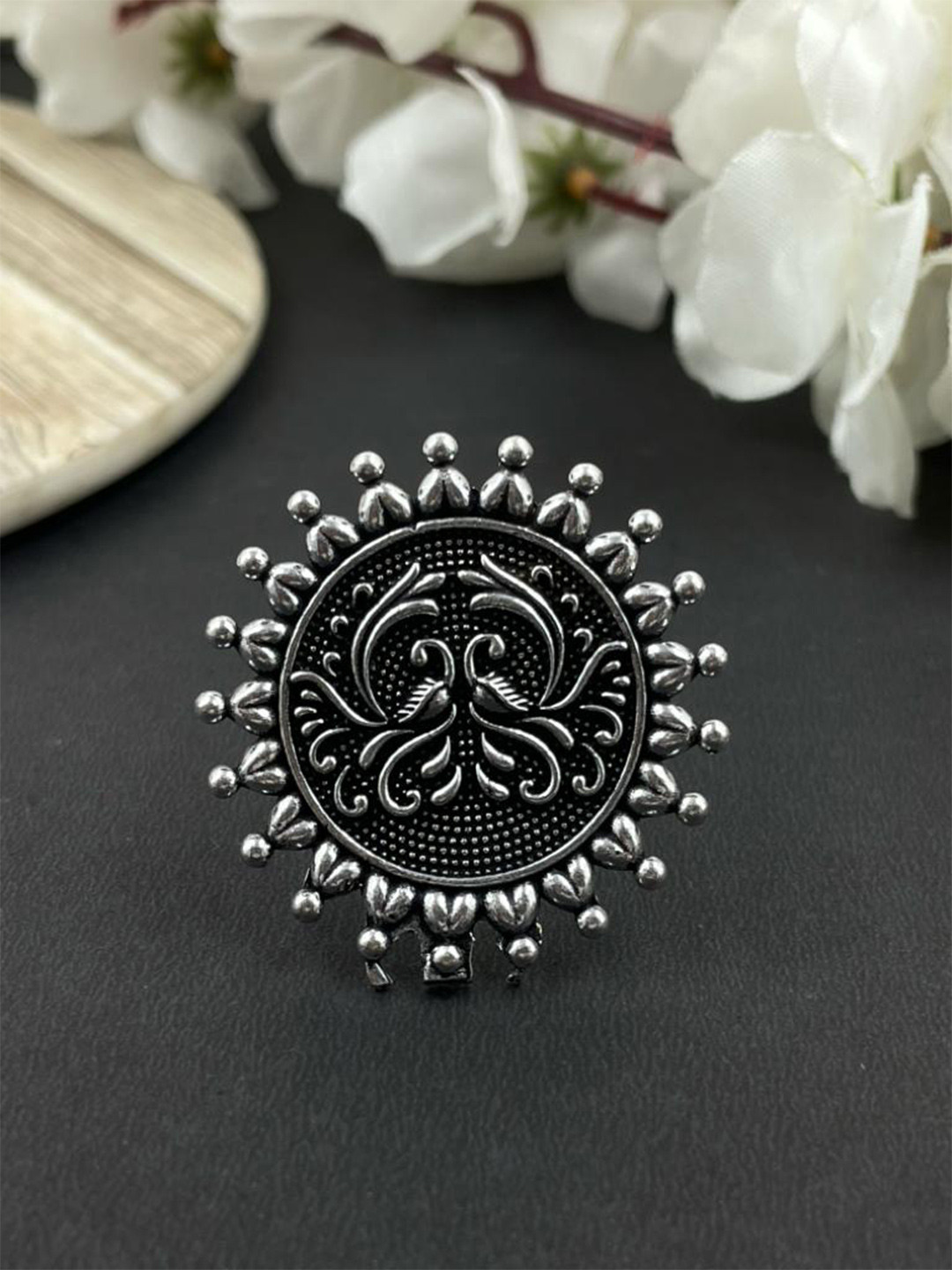 NAMAN ARTS Silver-Plated Oxidised Adjustable Finger Ring