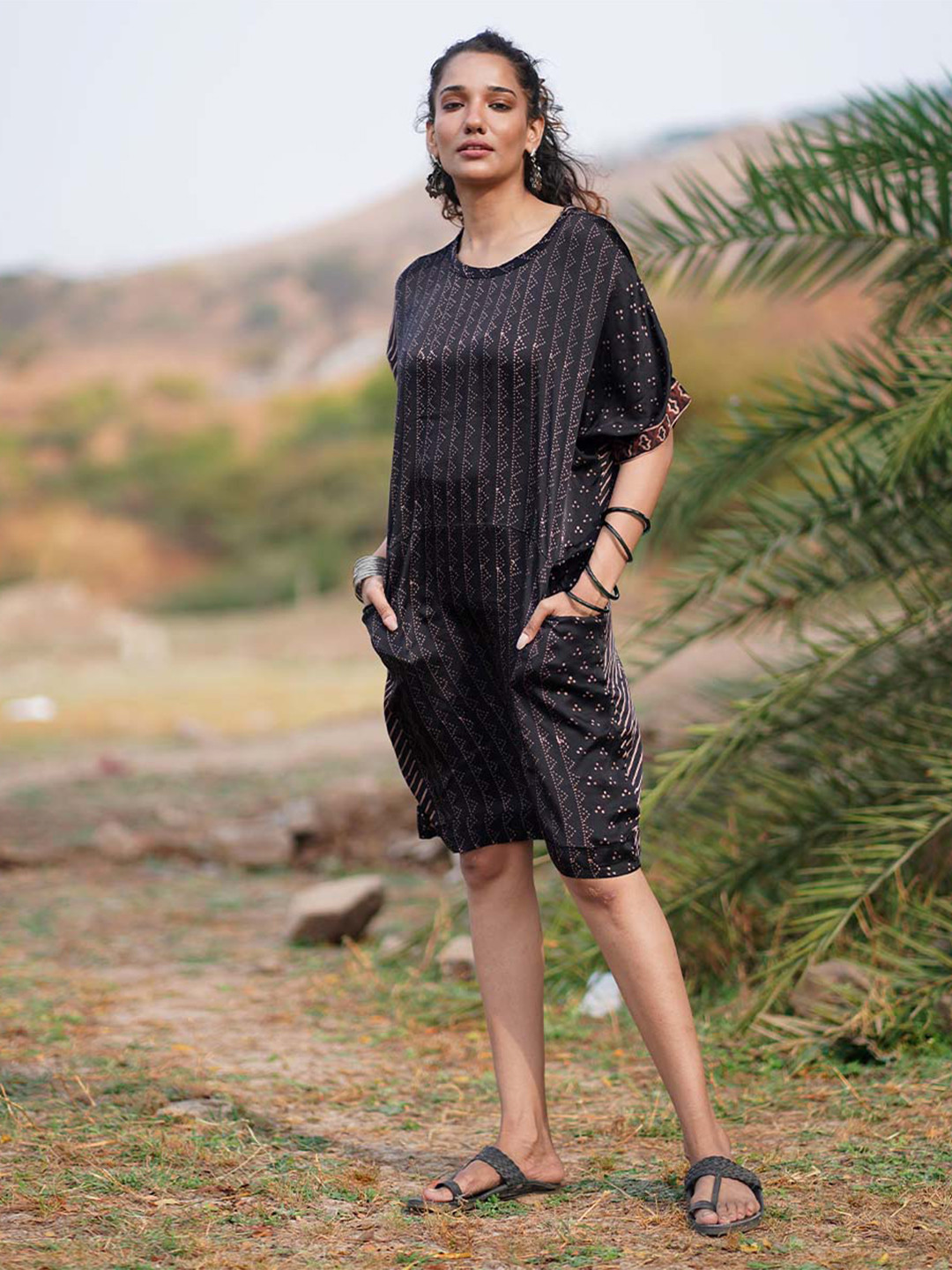 Chidiyaa Gypsy Heart Geometric Printed Round Neck Extended Sleeves A-Line Dress