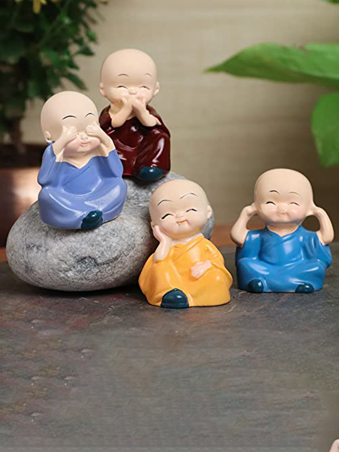 Floweraura Miniature Buddha Monk Nude Polyresin Natural Living Room Set of 4 Tiny Showpieces - 3.9 Inches