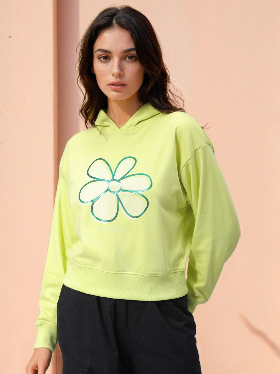 Freehand by The Indian Garage Co Women Graphic Printed Cotton Hooded Sweatshirt