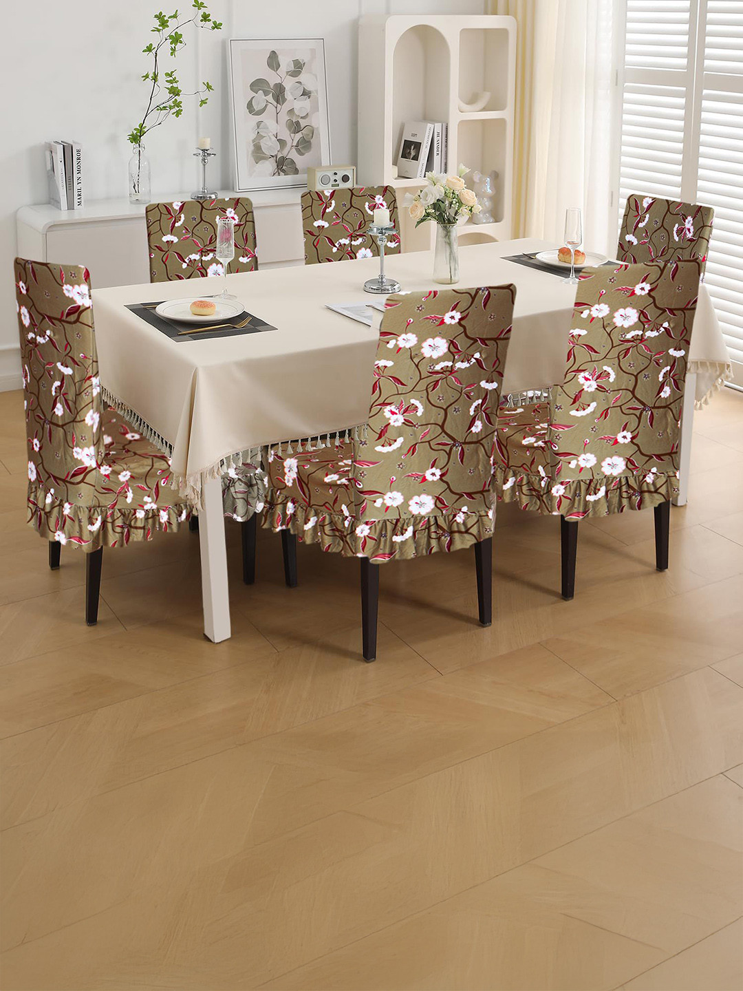 Dakshya Industries 6-Pcs Red & Brown 140 GSM Printed Chair Covers