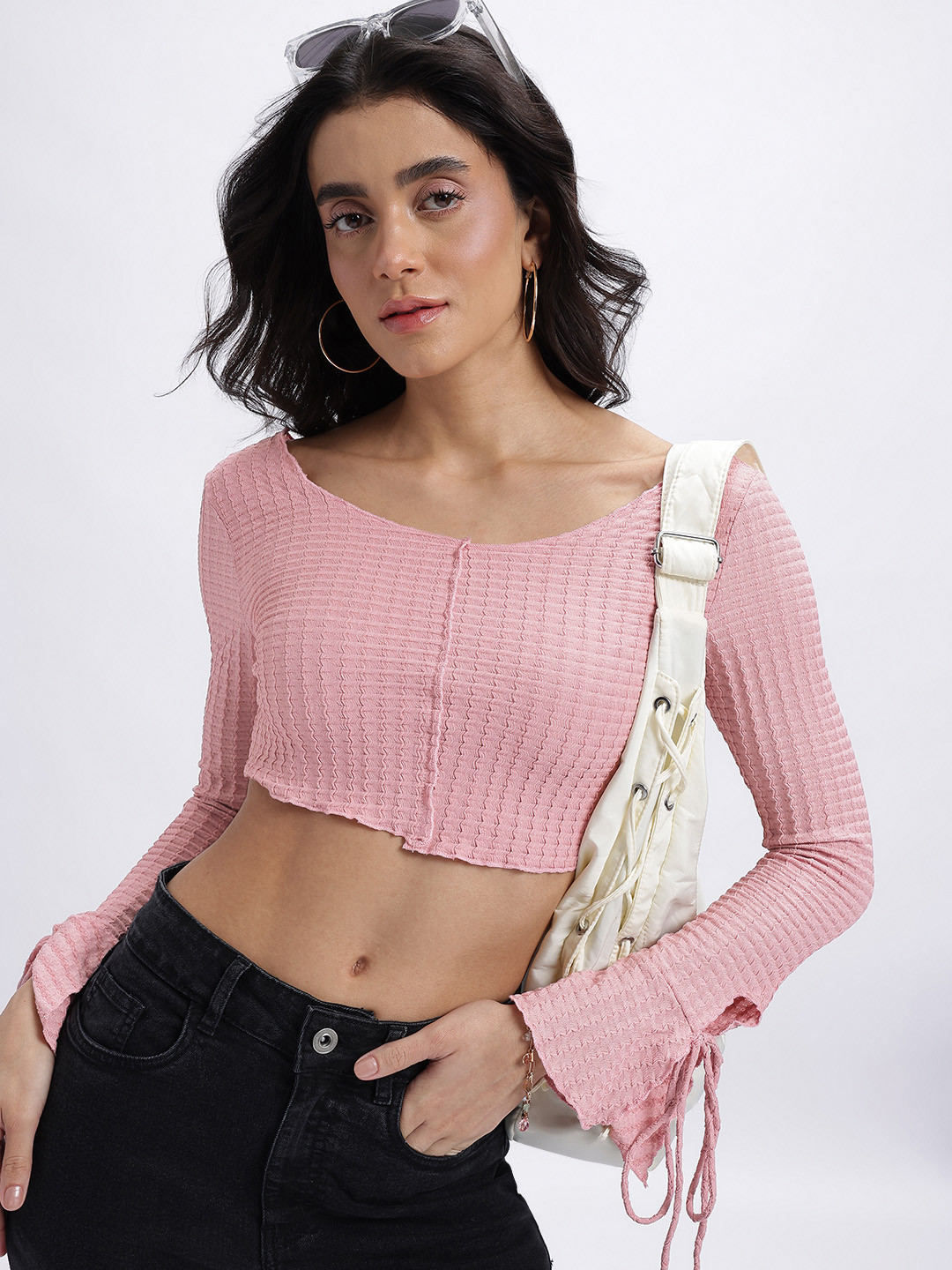 glitchez Textured Tie-Up Bell Sleeves Crop Top