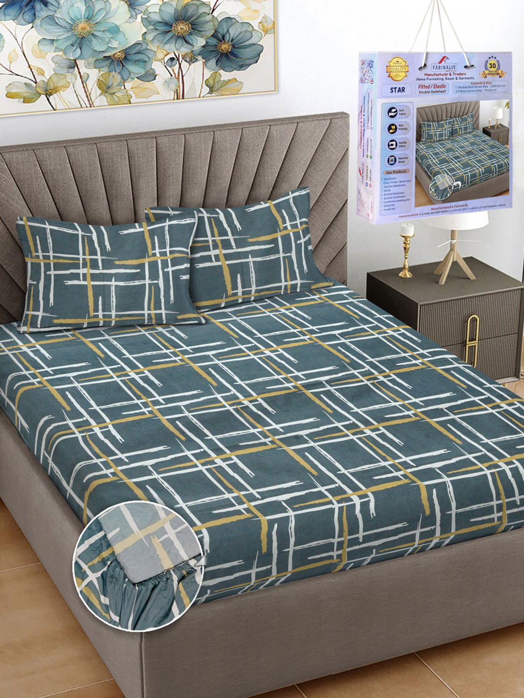 FABINALIV Yuku Green Abstract Polycotton 300 TC Fitted King Fine Bedsheet with 2 Pillow Covers-250 x 225 cm