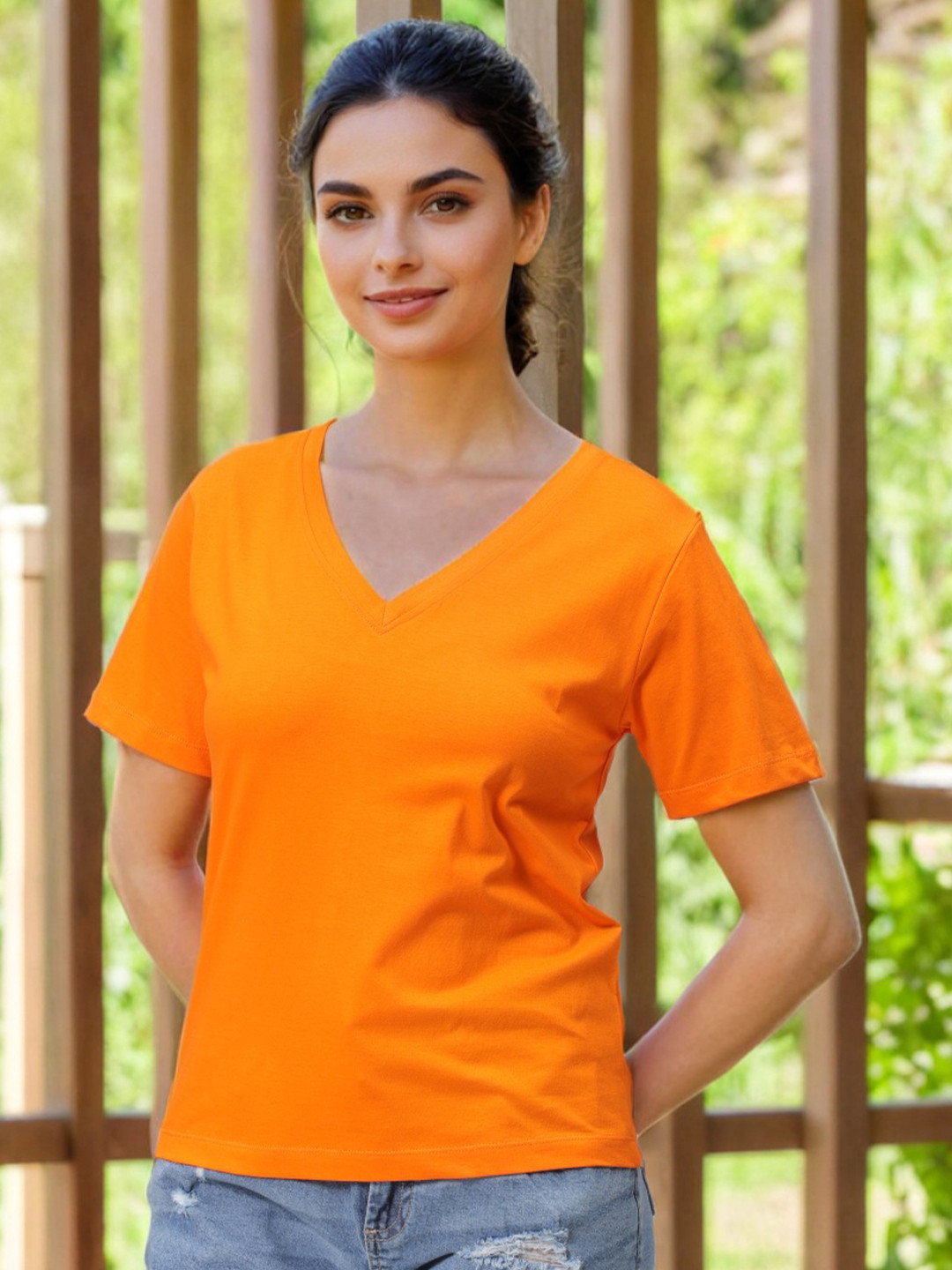 Freehand by The Indian Garage Co Women V-Neck Raw Edge T-shirt