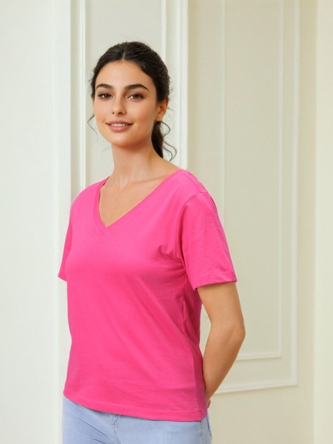 Freehand by The Indian Garage Co Women V-Neck Raw Edge T-shirt