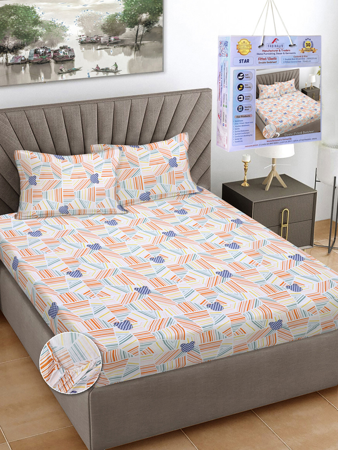 FABINALIV Violet & Red Geometric Printed 300 TC King Bedsheet Set-2.50 m X 2.25 m