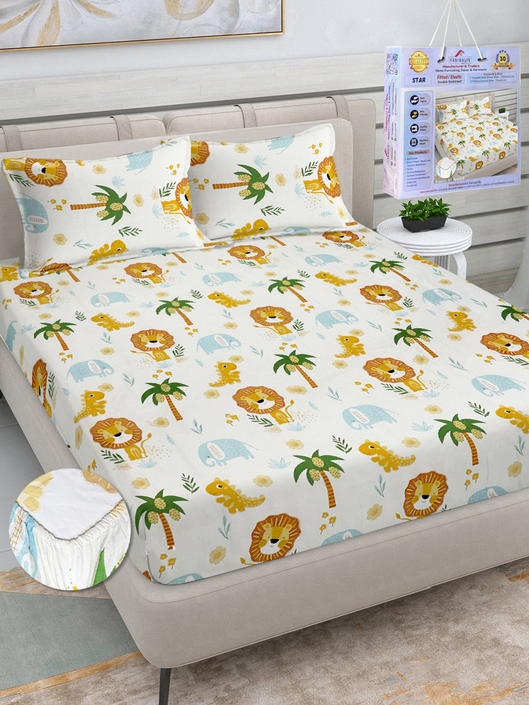 FABINALIV White Cartoon Characters Polycotton Skin-Friendly 300 TC Fitted King Fine Bedsheet with 2 Pillow Covers-98 x 89 inches