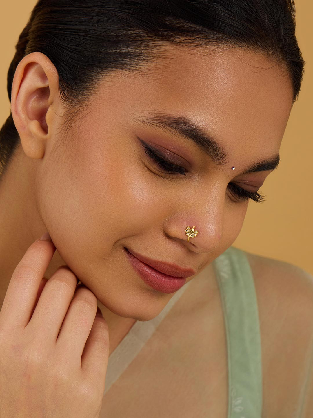 Kushal's Fashion Jewellery Gold-Plated CZ-Stone Studded Peacock Design Stud Nosepin