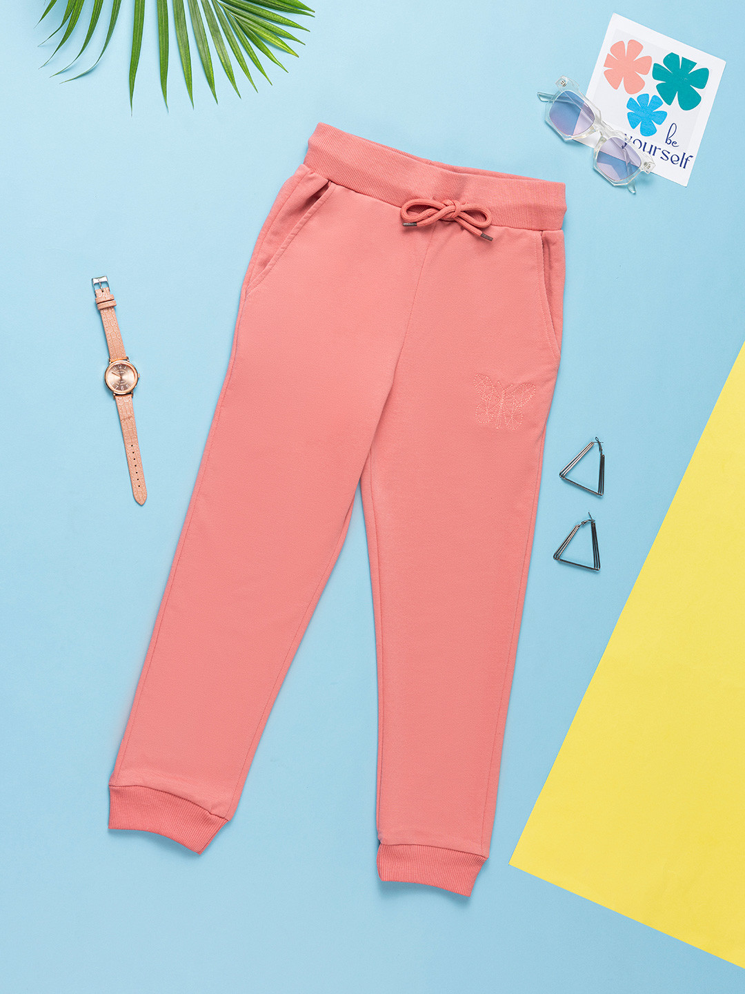 Purple United Kids Girls Cotton Mid-Rise Regular Fit Joggers Trousers